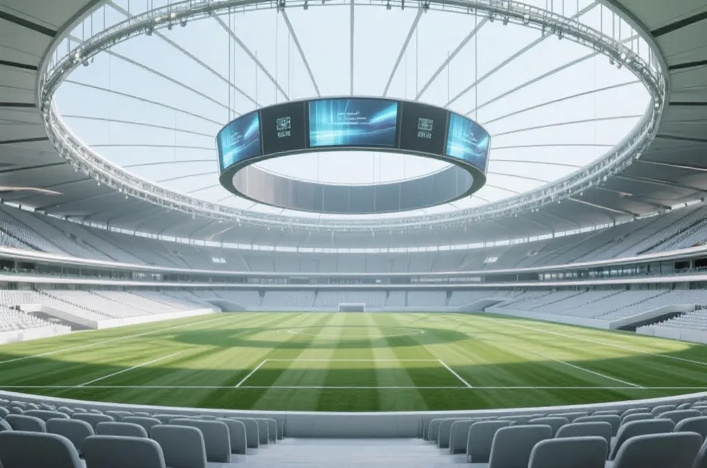 An interior view of a high-tech modern stadium, showing a massive circular video board suspended from a retractable roof, empty green grass field, clean and minimal design, architectural visualization