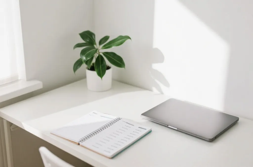 Minimal workspace with a budget ledger notebook and a smartphone showing green charts